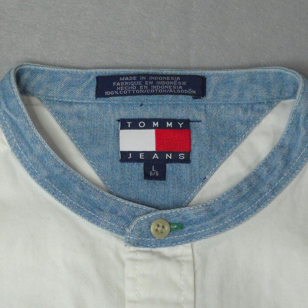Tommy Jeans Mens Band Collar Button Front Shirt Large Off White - Picture 5 of 7